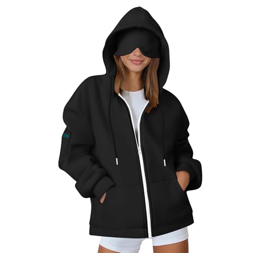 Sweatjacke Damen Zipper Travel Hoodie mit integrierter Augenmaske Leicht Übergangsjacke mit Kapuze Elegant Einfarbig Kapuzenjacke mit Vielen Taschen Locker Unisex Sweatshirt mit Schlafmaske S-XXL von Komiseup
