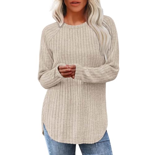 Sweatshirt Damen Lang Rippstrick Pulli Mode Einfarbig Pullover Herbst Winter Strickpullover Basic Rundhals Langarmshirt Leichte Gerippt Longshirt Warm Bequem Loungewear Locker Weich Unterhemd S-XXL von Komiseup
