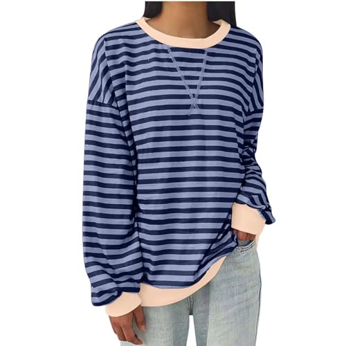 Sweatshirt Damen Oversized Halloween Pullover Karneval Gestreifter Shirt Locker Rundhals Longshirt Teenager Mädchen Festliche Sportshirt Herbst Winter Fleecepullover Retro Streifen Langarmshirt von Komiseup