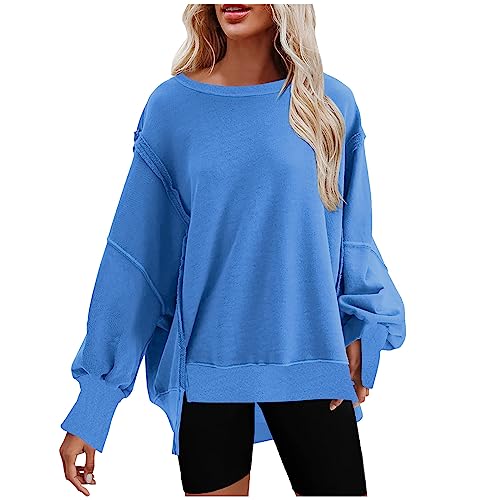 Sweatshirt Damen Oversized Langarmshirt Seitlich Geteilter Pullover Rundhals Langarm Oberteile ohne Kapuze Basic Sportlich Longshirt Vintage Einfarbig Bluse Tops Locker Pulli Lässig Sportshirt von Komiseup