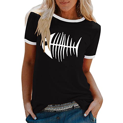 Komiseup T-Shirt Damen Kurzarm Rundhals Lässig Fishbone Druckgrafik Loose Sommer Damen Tops Farbblock Oberteil mit Rundhalsausschnitt Tunika Bluse von Komiseup