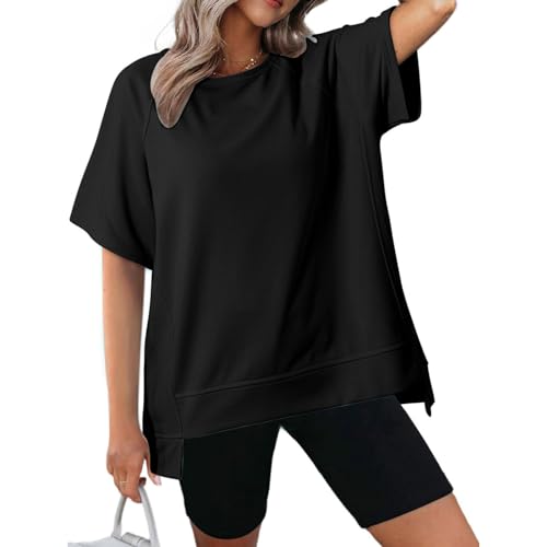 T-Shirt Damen Oversized Y2K Sweatshirt Lose Rundhals Kurzarm Baumwolle Casual Tops Bluse Lässige Baumwolle Oberteil Sommer Basic Shirt Hemden Elegant Einfarbige Longbluse Teenager Mädchen Sportshirt von Komiseup