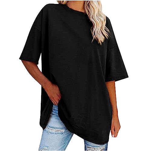 T Shirt Damen Oversized y2k Tshirt Sommer Kurzarm Oberteile Basic Einfarbig Bluse Shirt Große Größen Umstandstop Elegant V-Ausschnitt Longshirt Frauen Baumwolle Tunika Tops Lässige Locker Sportshirt von Komiseup