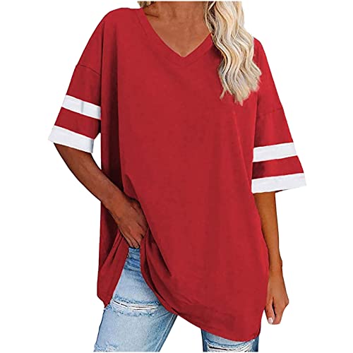 T Shirt Damen Oversized y2k Tshirt Sommer Kurzarm Oberteile Basic Einfarbig Bluse Shirt Große Größen Umstandstop Elegant V-Ausschnitt Longshirt Frauen Baumwolle Tunika Tops Lässige Locker Sportshirt von Komiseup