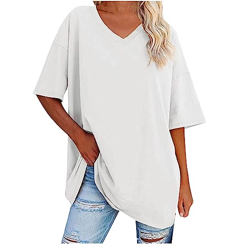 T Shirt Damen Oversized y2k Tshirt Sommer Kurzarm Oberteile Basic Einfarbig Bluse Shirt Große Größen Umstandstop Elegant V-Ausschnitt Longshirt Frauen Baumwolle Tunika Tops Lässige Locker Sportshirt von Komiseup