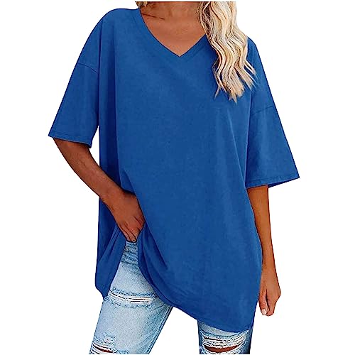 T Shirt Damen Oversized y2k Tshirt Sommer Kurzarm Oberteile Basic Einfarbig Bluse Shirt Große Größen Umstandstop Elegant V-Ausschnitt Longshirt Frauen Baumwolle Tunika Tops Lässige Locker Sportshirt von Komiseup