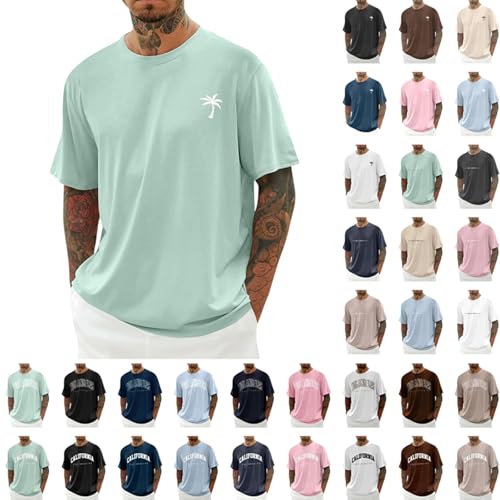 T Shirt Herren Sommer Kurzarm Tshirt Basic Rundhals Shirt Kokosnussbaum Drucken Freizeitshirt Los Angeles Grafik Oberteil Oversized Y2K Streetwear Sommershirt Männer Baumwolle Sportshirt S-5XL von Komiseup