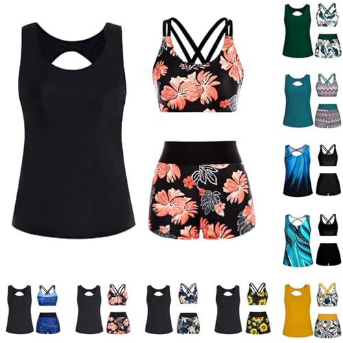 Tankini Set Damen 3 Teilig Badeanzug Bikini Set Bauchweg Push Up Bademode Einfarbig Schwimmanzug Tankini Top mit High Waist Badeshorts Elegant Blumendruck Badeanzüge Three Piece Swimsuit Strandmode von Komiseup