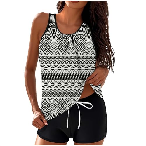 Tankini Set Damen Zweiteilig Badeanzug Bikini Set Bauchweg Push Up Bademode Einfarbig Schwimmanzug Tankini Top mit High Waist Badeshorts Elegant Blumendruck Badeanzüge Two Piece Swimsuit Strandmode von Komiseup
