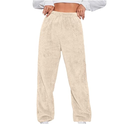 Teddy Fleece Hosen Damen Jogginghose Bär Muster Fleecehose Thermo Flauschig Freizeithose Winter Warm Straight Plüschhose Locker Bequem Fleece Haushose Elastische Taille Winterhose mit Taschen von Komiseup