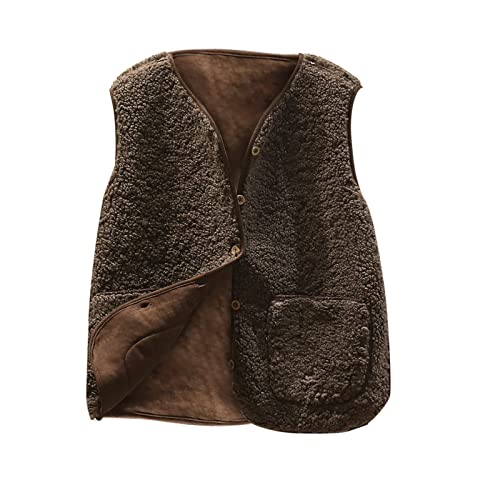 Teddy Fleece Weste Damen Herbst Winter Warm, Ärmellos Fellweste Damen Einfarbig V-Ausschnitt Knöpfen Fleeceweste aus Teddyfell, Fell Weste Kurz Plüschweste Teddyweste Übergangsjacke Thermoweste von Komiseup