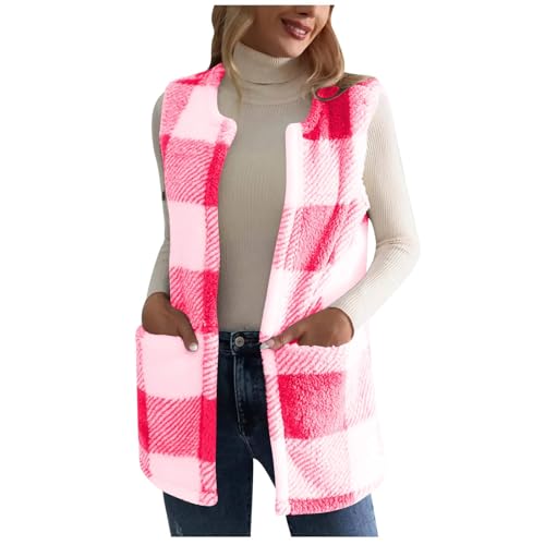 Teddy Weste Damen Ärmellose Fleeceweste mit Kapuze Teddy Fleece Thermoweste Herbst Winter Übergangsjacke Lang Plüschweste Karierte Colour-Block Winterjacke Outdoor Teddyweste Plüsch Winterweste S-2XL von Komiseup