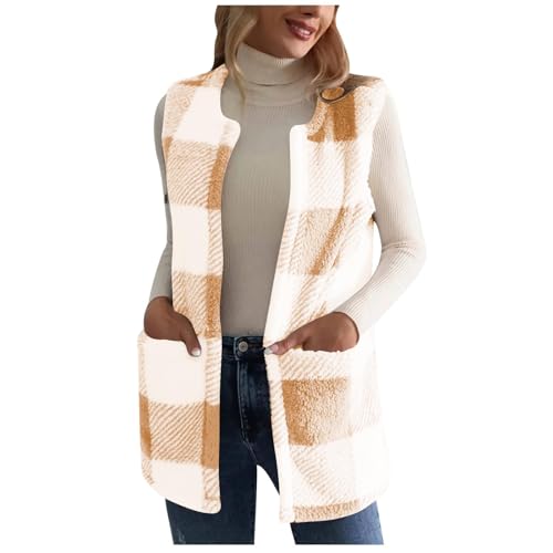 Teddy Weste Damen Ärmellose Fleeceweste mit Kapuze Teddy Fleece Thermoweste Herbst Winter Übergangsjacke Lang Plüschweste Karierte Colour-Block Winterjacke Outdoor Teddyweste Plüsch Winterweste S-2XL von Komiseup