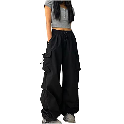 Track Pants Damen 2024 Parachute Pants High Waist Y2K Baggy Cargo Hose Frauen Jogginghose Weites Bein Cargohose mit Taschen Teenager Mädchen Streetwear Elastische Taille Freizeithose 90er Sport Hose von Komiseup