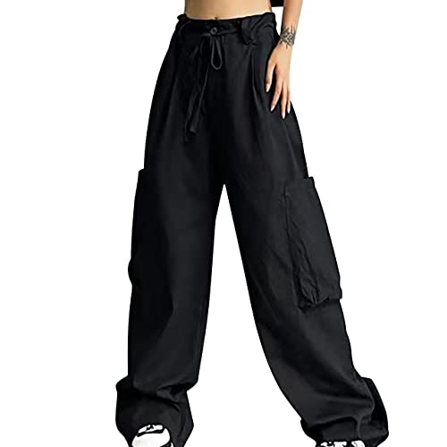 Track Pants Damen 2024 Parachute Pants High Waist Y2K Baggy Cargo Hose Frauen Jogginghose Weites Bein Cargohose mit Taschen Teenager Mädchen Streetwear Elastische Taille Freizeithose 90er Sport Hose von Komiseup