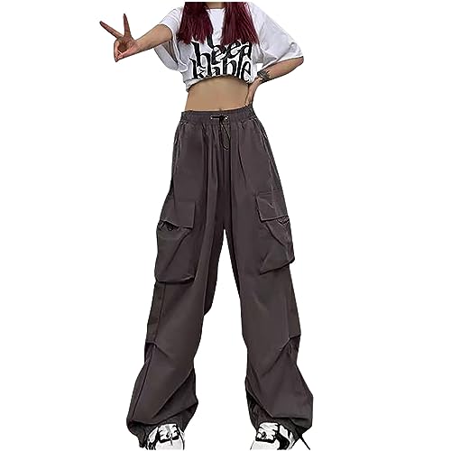 Track Pants Damen 2024 Parachute Pants High Waist Y2K Baggy Cargo Hose Frauen Jogginghose Weites Bein Cargohose mit Taschen Teenager Mädchen Streetwear Elastische Taille Freizeithose 90er Sport Hose von Komiseup