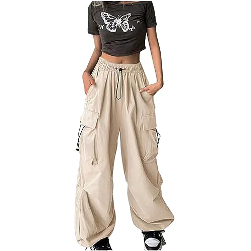Track Pants Damen 2024 Parachute Pants High Waist Y2K Baggy Cargo Hose Frauen Jogginghose Weites Bein Cargohose mit Taschen Teenager Mädchen Streetwear Elastische Taille Freizeithose 90er Sport Hose von Komiseup