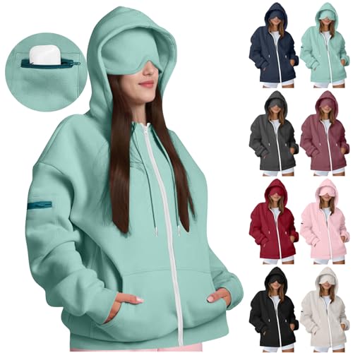 Travel Hoodie Damen Oversize Pullover mit Augenmaske Baumwoll Sweatjacke mit Reißverschluss Lässige Sweatshirt mit Kapuze Locker Kapuzenjacke Im Flugmodus Herbst Winter Pulli Sport Trainingsjacke von Komiseup