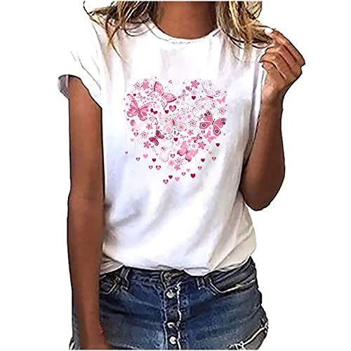 Tshirt Damen, Tshirt Damen Weiss mit Aufdruck Lässige Rundhals Tshirt Damen Elegant Kurzarm Tshirt Damen Sommer Baumwolle Basic T Shirt Teenager-Mädchen Bunt Muster Tunika Top Blumen T-Shirt von Komiseup