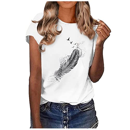 Tshirt Damen, Tshirt Damen Weiss mit Aufdruck Lässige Rundhals Tshirt Damen Elegant Kurzarm Tshirt Damen Sommer Baumwolle Basic T Shirt Teenager-Mädchen Bunt Muster Tunika Top Blumen T-Shirt von Komiseup