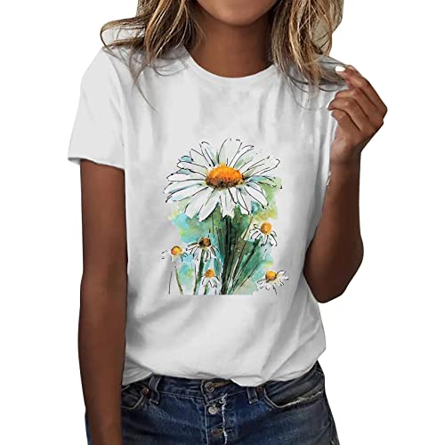 Tshirt Damen, Tshirt Damen Weiss mit Aufdruck Lässige Rundhals Tshirt Damen Elegant Kurzarm Tshirt Damen Sommer Baumwolle Basic T Shirt Teenager-Mädchen Bunt Muster Tunika Top Blumen T-Shirt von Komiseup