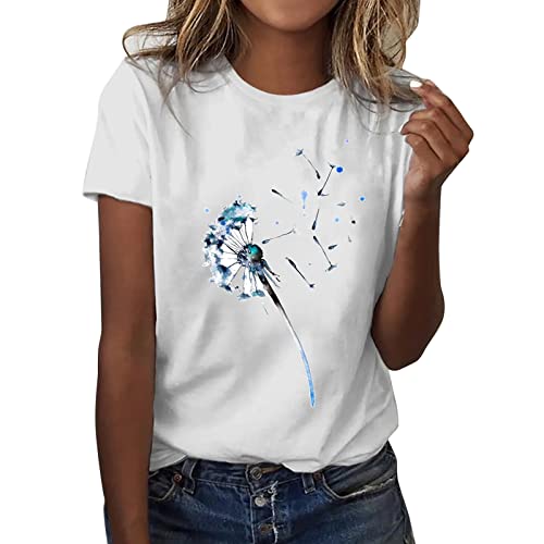 Tshirt Damen, Tshirt Damen Weiss mit Aufdruck Lässige Rundhals Tshirt Damen Elegant Kurzarm Tshirt Damen Sommer Baumwolle Basic T Shirt Teenager-Mädchen Bunt Muster Tunika Top Blumen T-Shirt von Komiseup