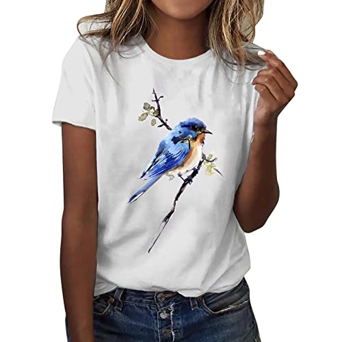 Tshirt Damen, Tshirt Damen Weiss mit Aufdruck Lässige Rundhals Tshirt Damen Elegant Kurzarm Tshirt Damen Sommer Baumwolle Basic T Shirt Teenager-Mädchen Bunt Muster Tunika Top Blumen T-Shirt von Komiseup