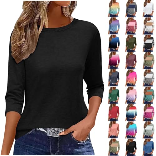Tshirt Damen 3/4 Arm Pullover Basic Rundhals Shirts Elegant Solide Bluse Farbverlauf Longbluse Vintage Gestreift Druck Sportshirt Slim Fit Oberteile Große Größen Baumwolle Tunika Locker Loungewear von Komiseup