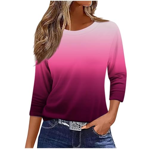 Tshirt Damen 3/4 Arm Pullover Basic Rundhals Shirts Elegant Solide Bluse Farbverlauf Longbluse Vintage Gestreift Druck Sportshirt Slim Fit Oberteile Große Größen Baumwolle Tunika Locker Loungewear von Komiseup