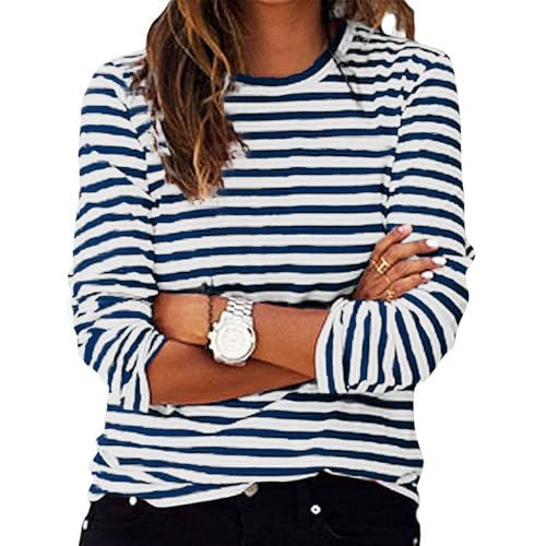 Tshirt Damen Basic Gestreiftes Langarmshirt Damen Basic Rundhals Oberteile Langarm Casual T-Shirt Shirt Gestreiftes Langarm Shirt Long Sleeve Leicht Tops Mode Kleidung Langarmshirts Frauen Pullover von Komiseup