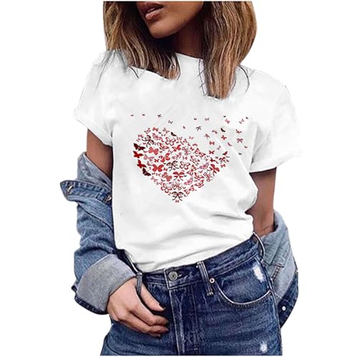 Tshirt Damen Basic Shirt Valentinstag Herz-Druck Oberteile Lässige Liebe Drucken T-Shirt Locker Einfarbiges Pullover Rundhals Kurzarm Sommer Tops All-Match Tunika Bluse Laufshirt Sportshirt S-XXL von Komiseup
