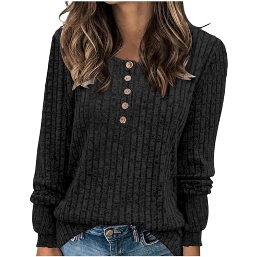 Tshirt Damen Gerippt Strickpullover Leichte Rippstrick Pullover V-Ausschnitt Unterhemd Slim Fit Tunika Top Sommer Oberteile Elegant Winter Sweater Rundhals Sweatshirt Herbst Baumwolle Langarmshirt von Komiseup