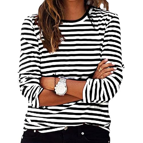 Tshirt Damen Gestreiftes Langarmshirt Basic Rundhals Langarm Pullover Gestreiftes Farbblock Shirt Long Sleeve Tunika Tops Leicht Locker Langarmshirts Oberteile Damen Sommer Baumwolle Langarmshirt von Komiseup