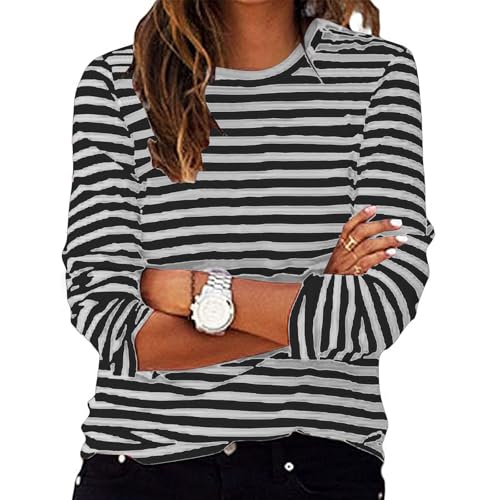 Tshirt Damen Gestreiftes Langarmshirt Basic Rundhals Langarm Pullover Gestreiftes Farbblock Shirt Long Sleeve Tunika Tops Leicht Locker Langarmshirts Oberteile Damen Sommer Baumwolle Longshirt von Komiseup