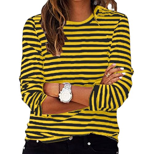 Tshirt Damen Gestreiftes Langarmshirt Damen Pulli Rundhals Langarmshirt Basic T-Shirt mit Streifen Rundhals Ausschnitt Casual Lose Hemd Pullover Oberteil Sweatshirt Bluse Tops Frauen Pullover von Komiseup