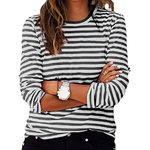 Tshirt Damen Gestreiftes Langarmshirt Damen Pulli Rundhals Langarmshirt Basic T-Shirt mit Streifen Rundhals Ausschnitt Casual Lose Hemd Pullover Oberteil Sweatshirt Bluse Tops Tshirt Damen Gestreiftes Langarmshirt Damen Pulli Rundhals Langarmshirt Basic T-Shirt mit Streifen Rundhals Ausschnitt Casual Lose Hemd Pullover Oberteil Sweatshirt Bluse Tops von Komiseup