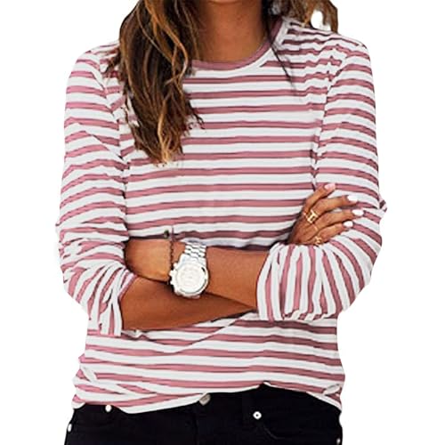 Tshirt Damen Gestreiftes Langarmshirt Damen Pulli Rundhals Langarmshirt Basic T-Shirt mit Streifen Rundhals Ausschnitt Casual Lose Hemd Pullover Oberteil Sweatshirt Bluse Tops von Komiseup