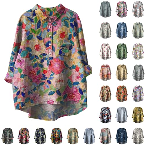 Tshirt Damen Oversized Pullover Baumwolle Leinenbluse Elegant Langarm Hemd Musselin Leinenhemd Große Größen Einfarbig Bluse Tops Locker Kurzarm Longbluse Button Down Longshirt Lässige Sommershirts von Komiseup