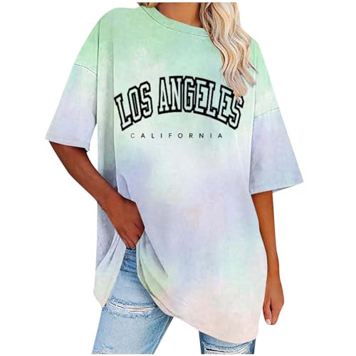 Tshirt Damen Oversized Rundhals Kurzarm T-Shirts Farbverlauf Tie-Dye Oberteile Sommer Lose Tops Shirt Frauen Los Angeles Briefdruck Sweatshirt Lässig Locker Bluse Teenager-Mädchen Y2K Streetwear von Komiseup