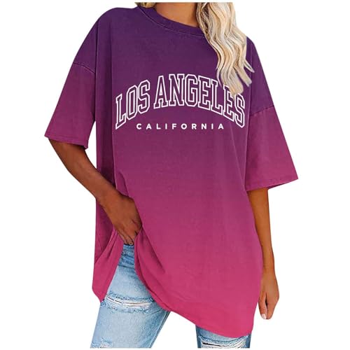 Tshirt Damen Oversized Rundhals Kurzarm T-Shirts Farbverlauf Tie-Dye Oberteile Sommer Lose Tops Shirt Frauen Los Angeles Briefdruck Sweatshirt Lässig Locker Bluse Teenager-Mädchen Y2K Streetwear von Komiseup