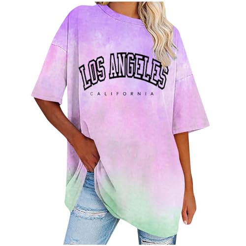 Tshirt Damen Oversized Rundhals Kurzarm T-Shirts Farbverlauf Tie-Dye Oberteile Sommer Lose Tops Shirt Frauen Los Angeles Briefdruck Sweatshirt Lässig Locker Bluse Teenager-Mädchen Y2K Streetwear von Komiseup