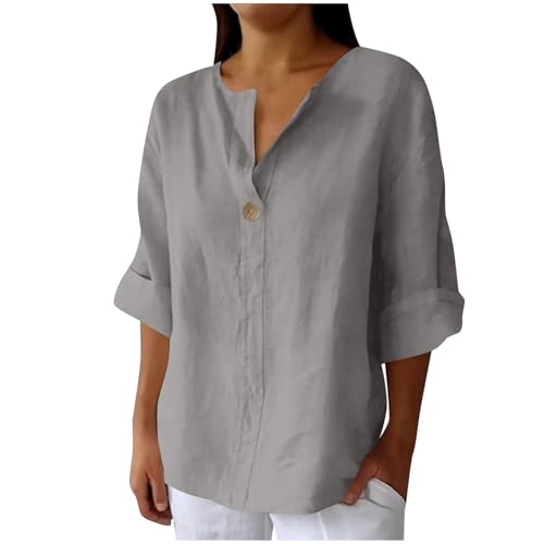 Tshirt Damen Sommer Bluse Baumwolle Leinen Hemd Locker 3/4 Ärmel Leinenbluse V-Ausschnitt Button-Down Langarmshirt Elegant Solide Blusenshirt Lose Casual Hemdbluse Basic Shirts Frauen Tunika Tops von Komiseup