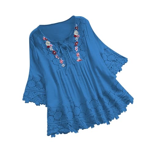 Tshirt Damen Sommer Leinenbluse Baumwolle Leinen Hemd Locker 3/4 Ärmel Bluse Tops Spitzen V-Ausschnitt Langarmshirt mit Schnürung Elegant Solide Blusenshirt Casual Damenblusen Basic Shirt für Frauen von Komiseup