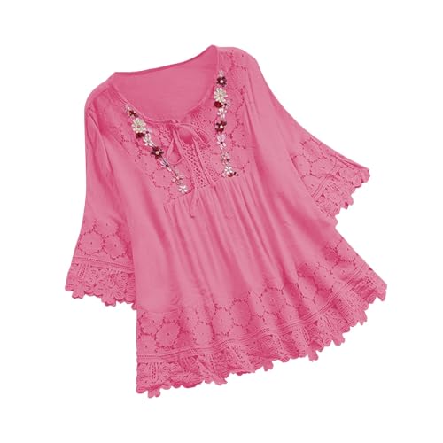 Tshirt Damen Sommer Leinenbluse Baumwolle Leinen Hemd Locker 3/4 Ärmel Bluse Tops Spitzen V-Ausschnitt Langarmshirt mit Schnürung Elegant Solide Blusenshirt Casual Damenblusen Basic Shirt für Frauen von Komiseup