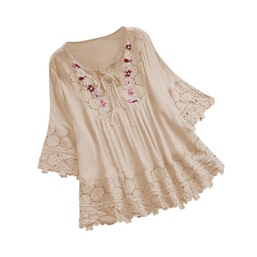 Tshirt Damen Sommer Leinenbluse Baumwolle Leinen Hemd Locker 3/4 Ärmel Bluse Tops Spitzen V-Ausschnitt Langarmshirt mit Schnürung Elegant Solide Blusenshirt Casual Damenblusen Basic Shirt für Frauen von Komiseup