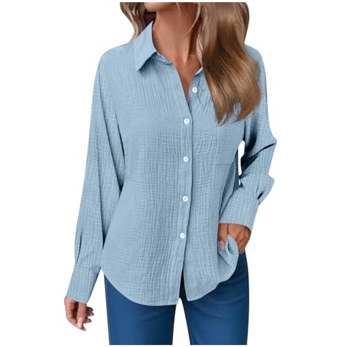 Tshirt Damen Sommer Leinenbluse Oversized Baumwolle Pullover Locker Langarm Leinenhemd Business Büro Hemd mit Taschen Einfarbig Bluse Tops Casual Kurzarm Blusentop Button Down Langarmshirt S-2XL von Komiseup