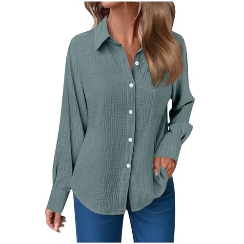 Tshirt Damen Sommer Leinenbluse Oversized Baumwolle Pullover Locker Langarm Leinenhemd Business Büro Hemd mit Taschen Einfarbig Bluse Tops Casual Kurzarm Blusentop Button Down Langarmshirt S-3XL von Komiseup
