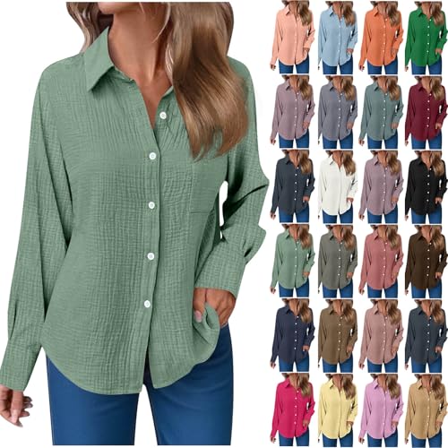 Tshirt Damen Sommer Leinenbluse Oversized Baumwolle Pullover Locker Langarm Leinenhemd Business Büro Hemd mit Taschen Einfarbig Bluse Tops Casual Kurzarm Blusentop Button Down Langarmshirt S-3XL von Komiseup