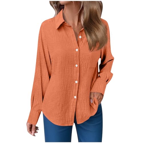 Tshirt Damen Sommer Leinenbluse Oversized Baumwolle Pullover Locker Langarm Leinenhemd Business Büro Hemd mit Taschen Einfarbig Bluse Tops Casual Kurzarm Blusentop Button Down Langarmshirt S-3XL von Komiseup