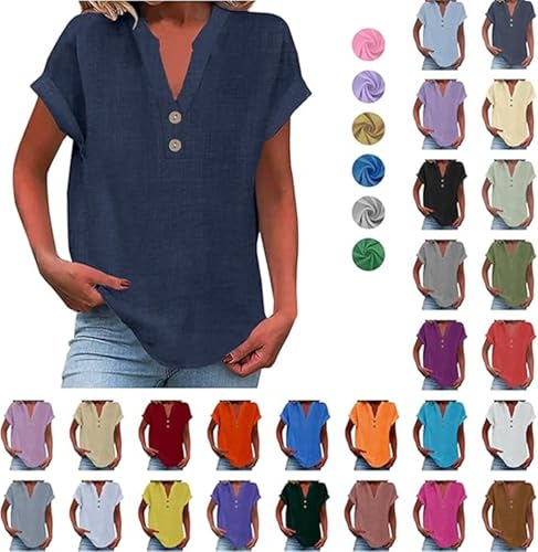 Tshirt Damen Sommer Musselin Bluse Baumwolle Leinen Hemd Locker Kurzarm Leinenbluse Basic Shirts V-Ausschnitt Button-Down Langarmshirt Elegant Solide Blusenshirt Casual Hemdbluse Frauen Tunika Tops von Komiseup
